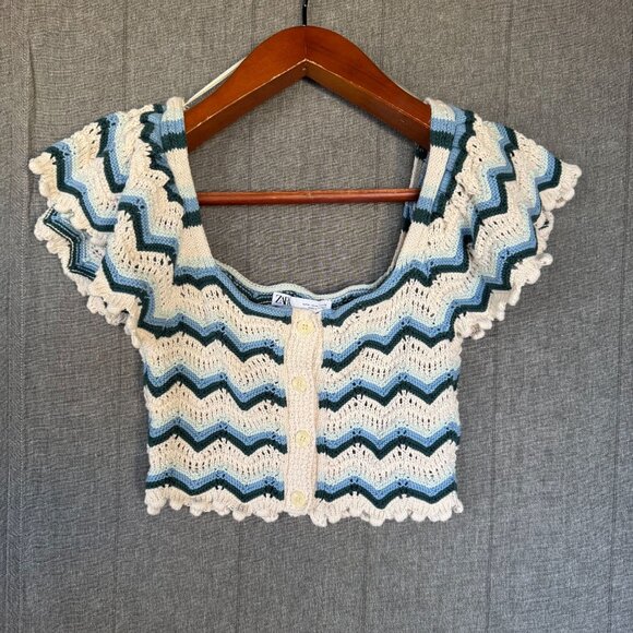 Zara Blue Stripe Cotton Crochet Butterfly Sleeve Mermaidcore Crop Blouse Size M - Picture 1 of 12
